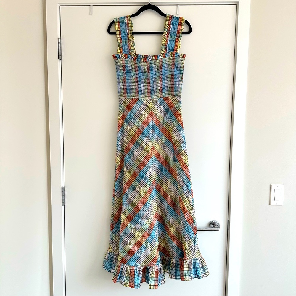 GANNI CHECKERED COTTON SILK LONG STRAP DRESS